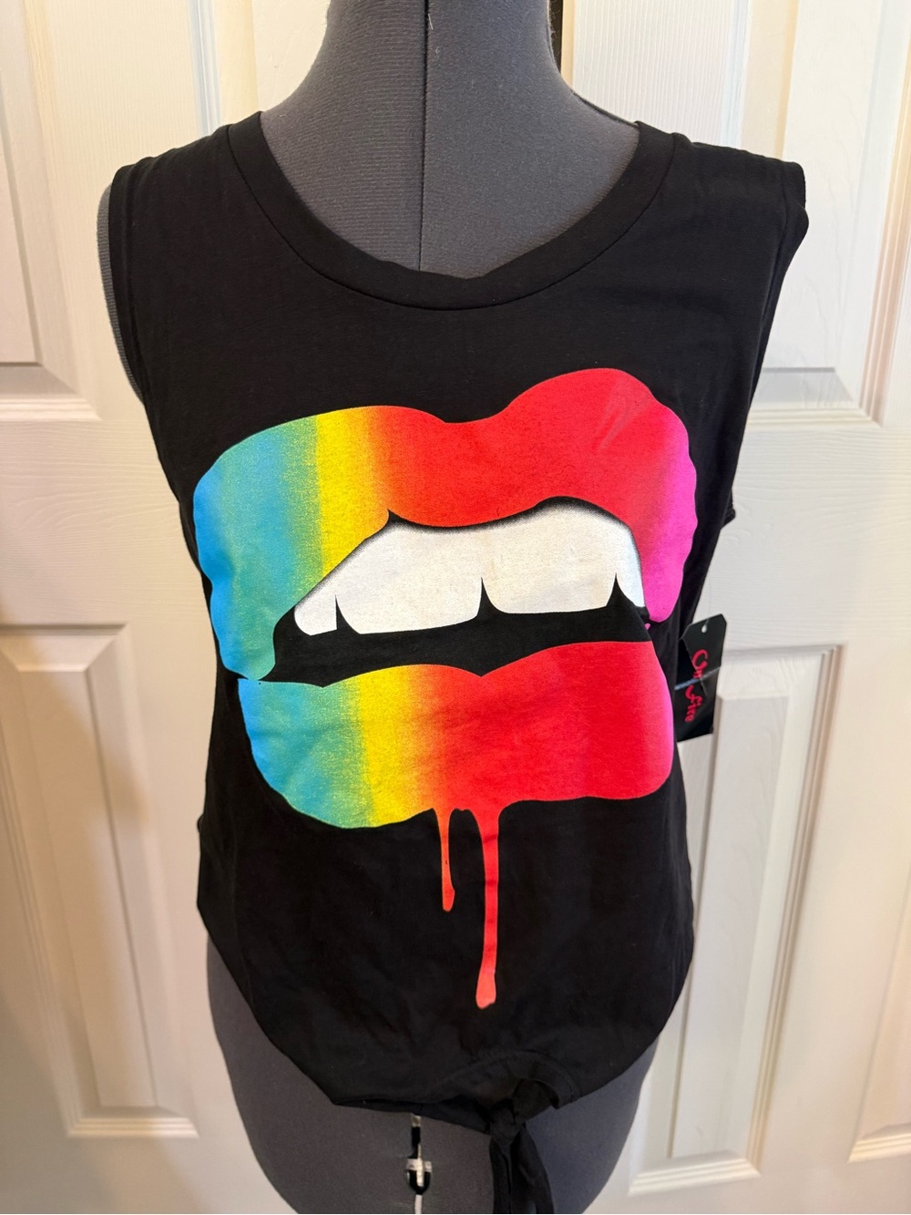 On Fire Black Tank Top with Rainbow Drip Lip Graphic